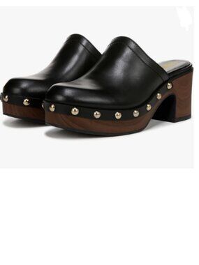 YDN Black Rounded Toe Studded Clogs Mules Platform Slip On Block Mid Heel Sandal